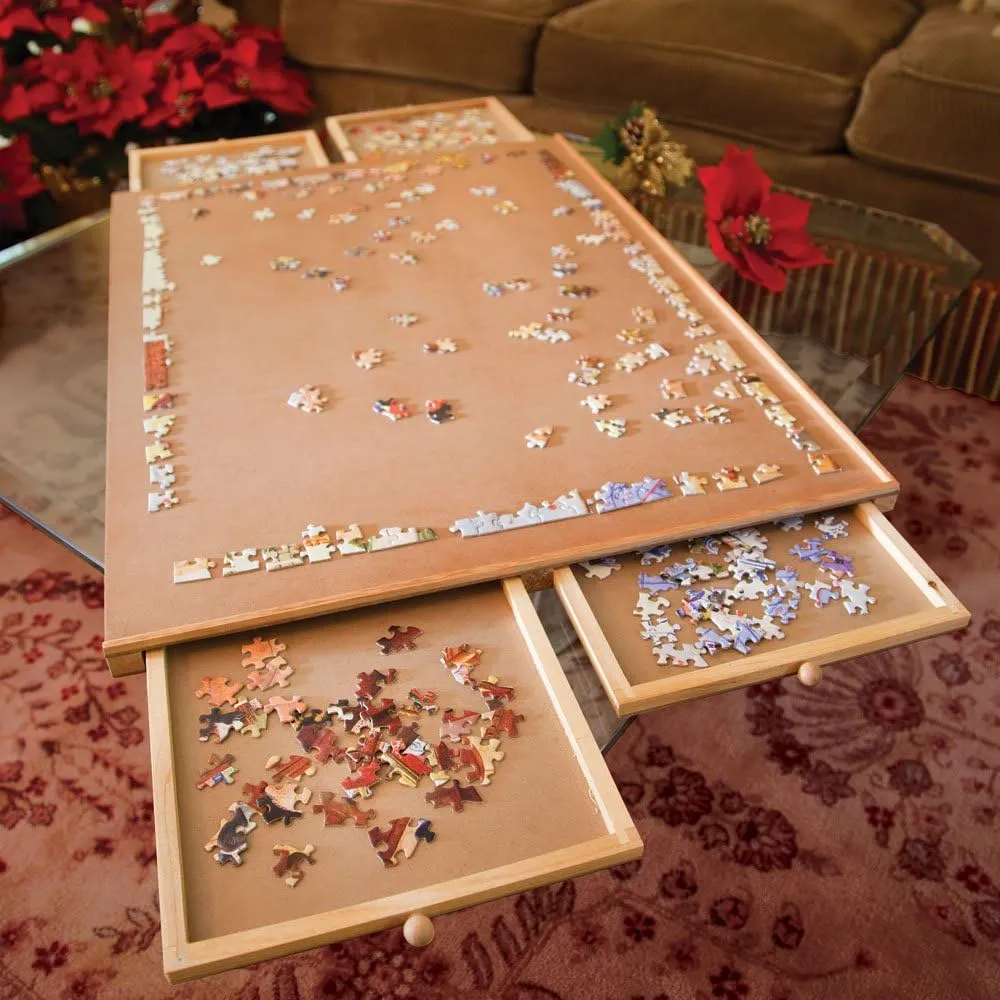 1500 Pieces Wooden Puzzle Plateau-Smooth Fiberboard Work Surface with Four Sliding Drawers