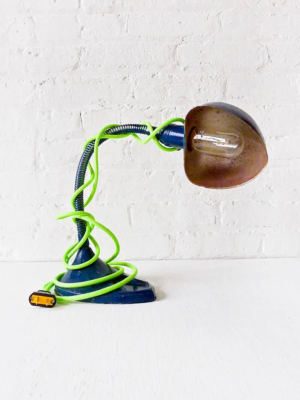 20% SALE Industrial Vintage Navy Blue Gooseneck Desk Lamp - Neon Yellow Green Textile