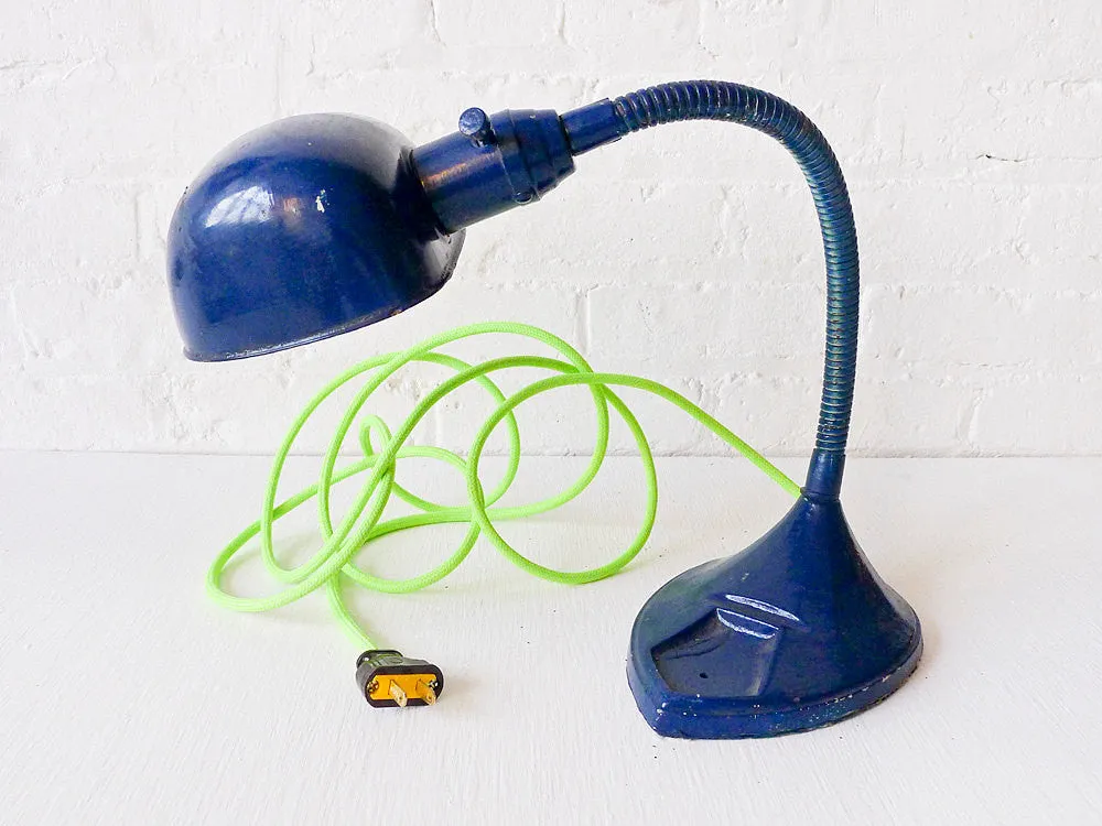 20% SALE Industrial Vintage Navy Blue Gooseneck Desk Lamp - Neon Yellow Green Textile