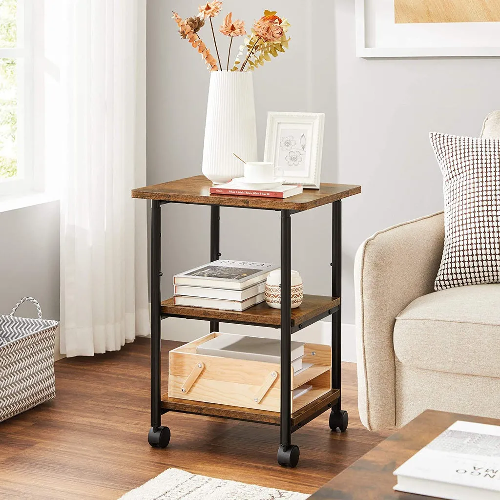 3-Tier Adjustable Printer Cart with Wheels, Rustic Brown Black - VASAGLE