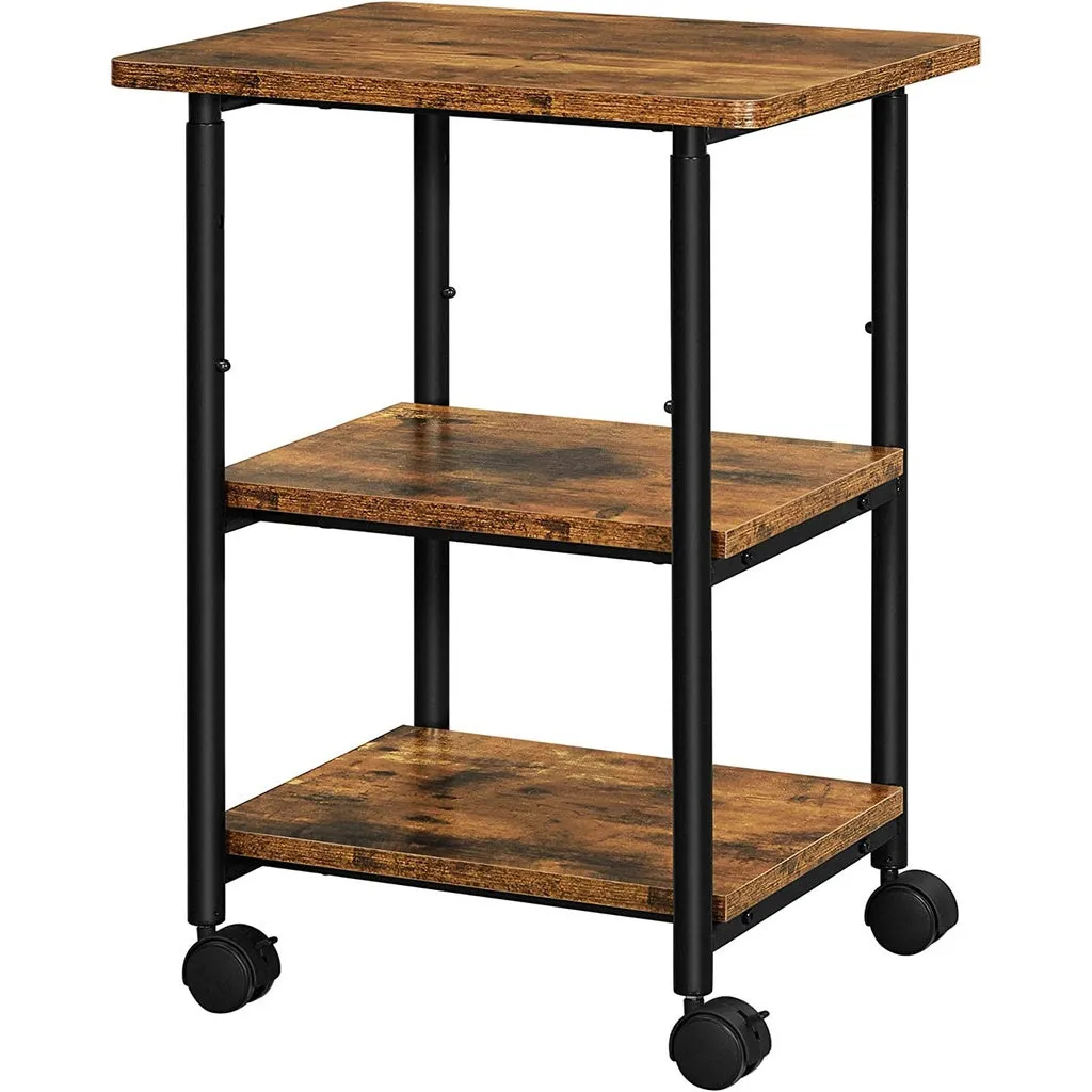 3-Tier Adjustable Printer Cart with Wheels, Rustic Brown Black - VASAGLE