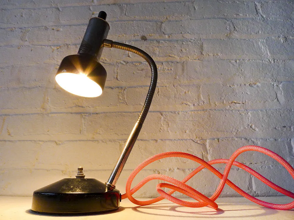 30% SALE Industrial Lamp Retro Atomic Chrome Black Desk Light with Neon Pink Textile Cord