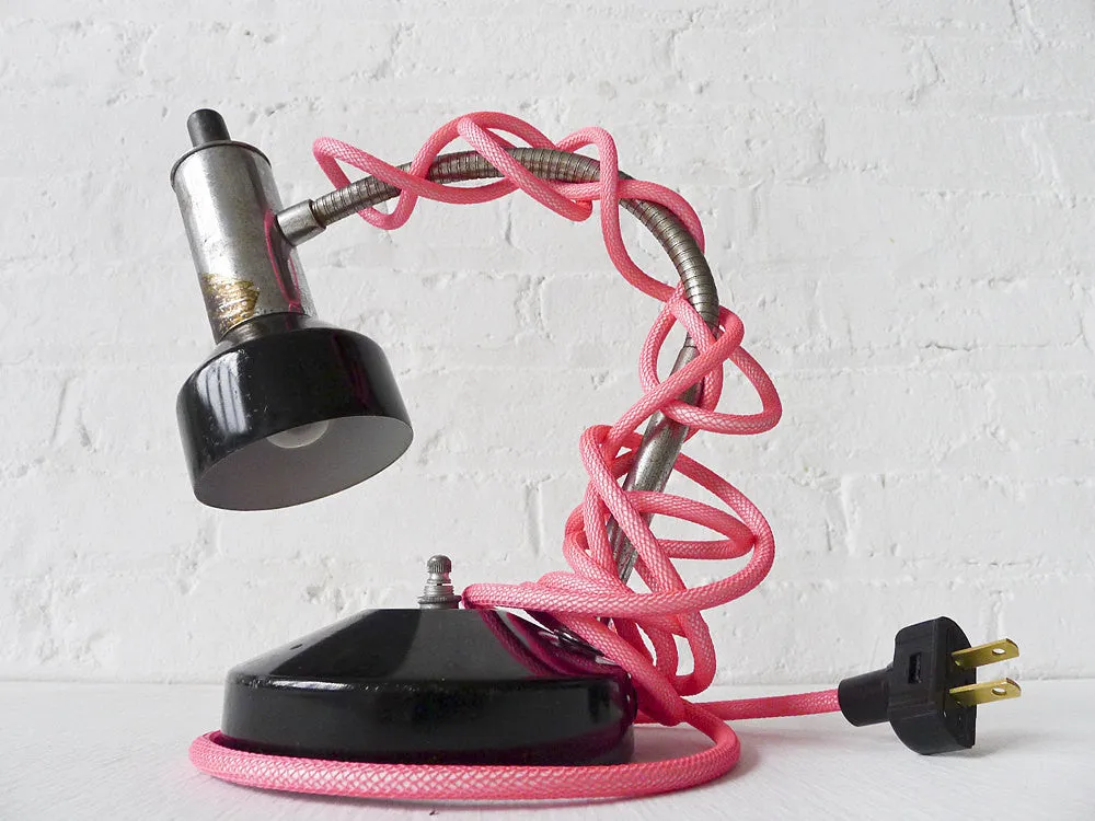 30% SALE Industrial Lamp Retro Atomic Chrome Black Desk Light with Neon Pink Textile Cord