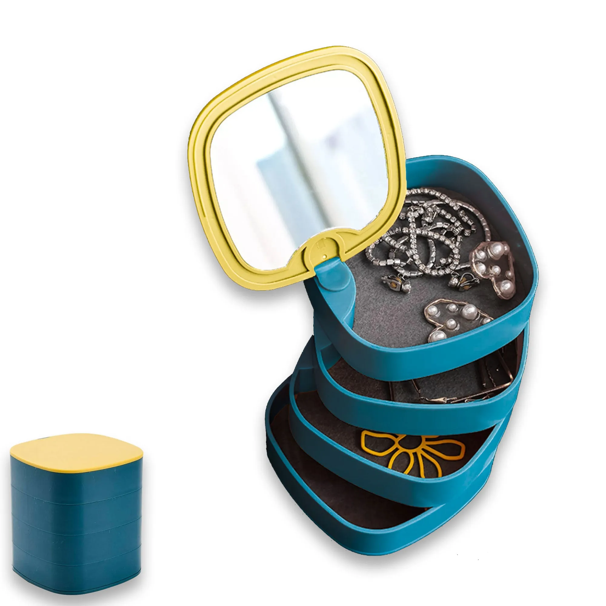 4-Layers 360 Degree Rotating Jewelry Storage Box With Mirror Eo-2 Blue