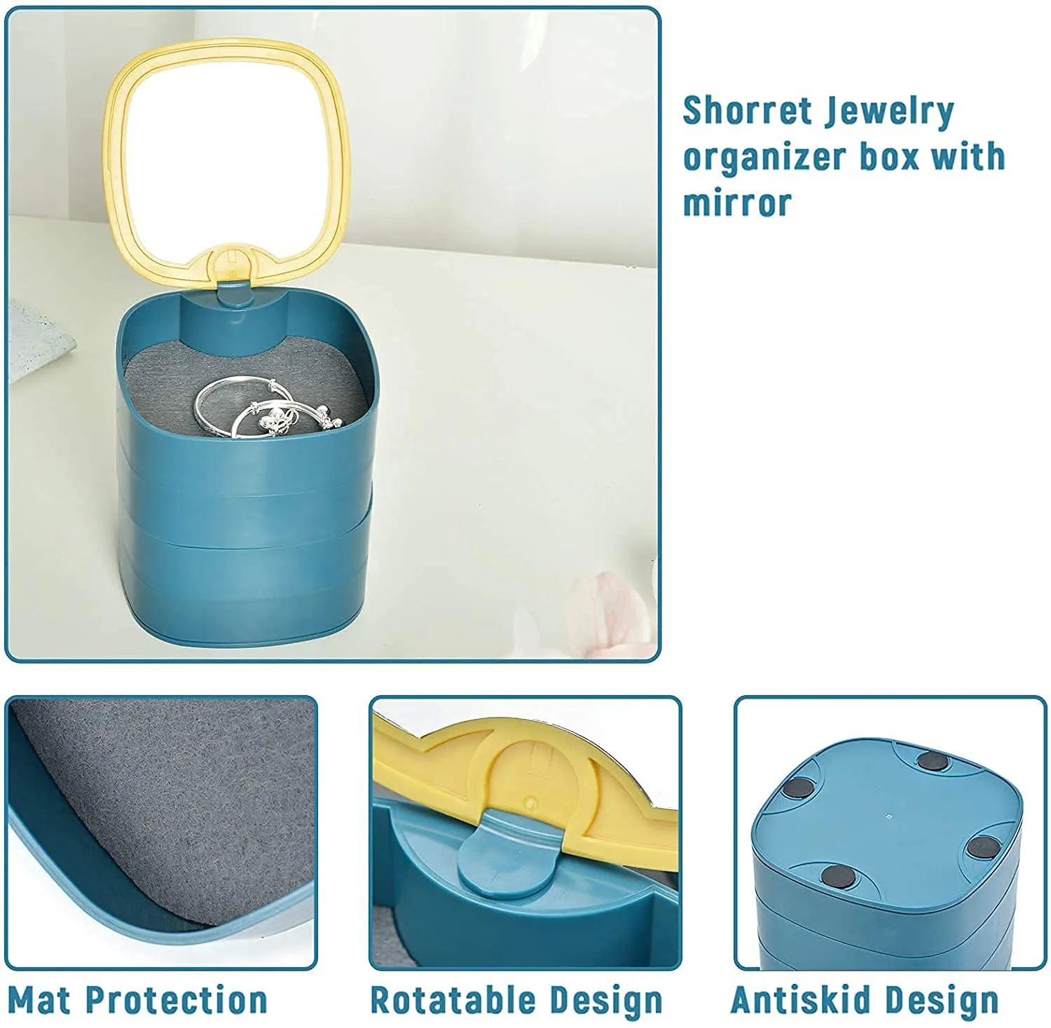4-Layers 360 Degree Rotating Jewelry Storage Box With Mirror Eo-2 Blue