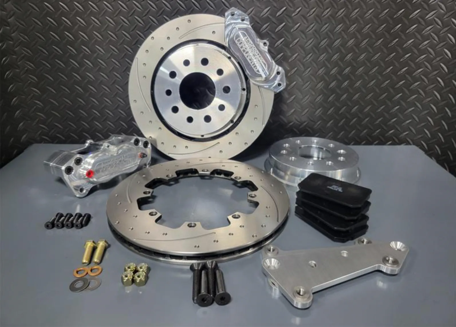 4 Piston Pro Street Front Dimpled, Slotted, Brake Kit 05-14 Mustang (Hat Style)