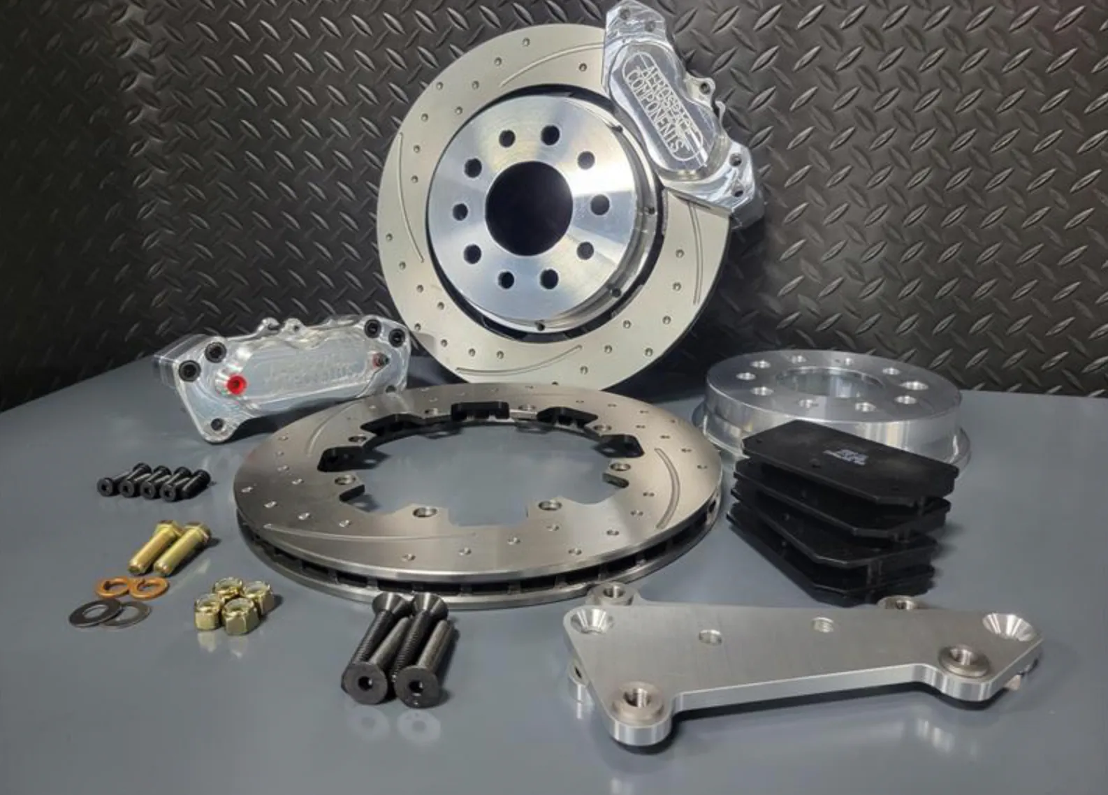 4 Piston Pro Street Front Dimpled, Slotted, Brake Kit 05-14 Mustang (Hat Style)