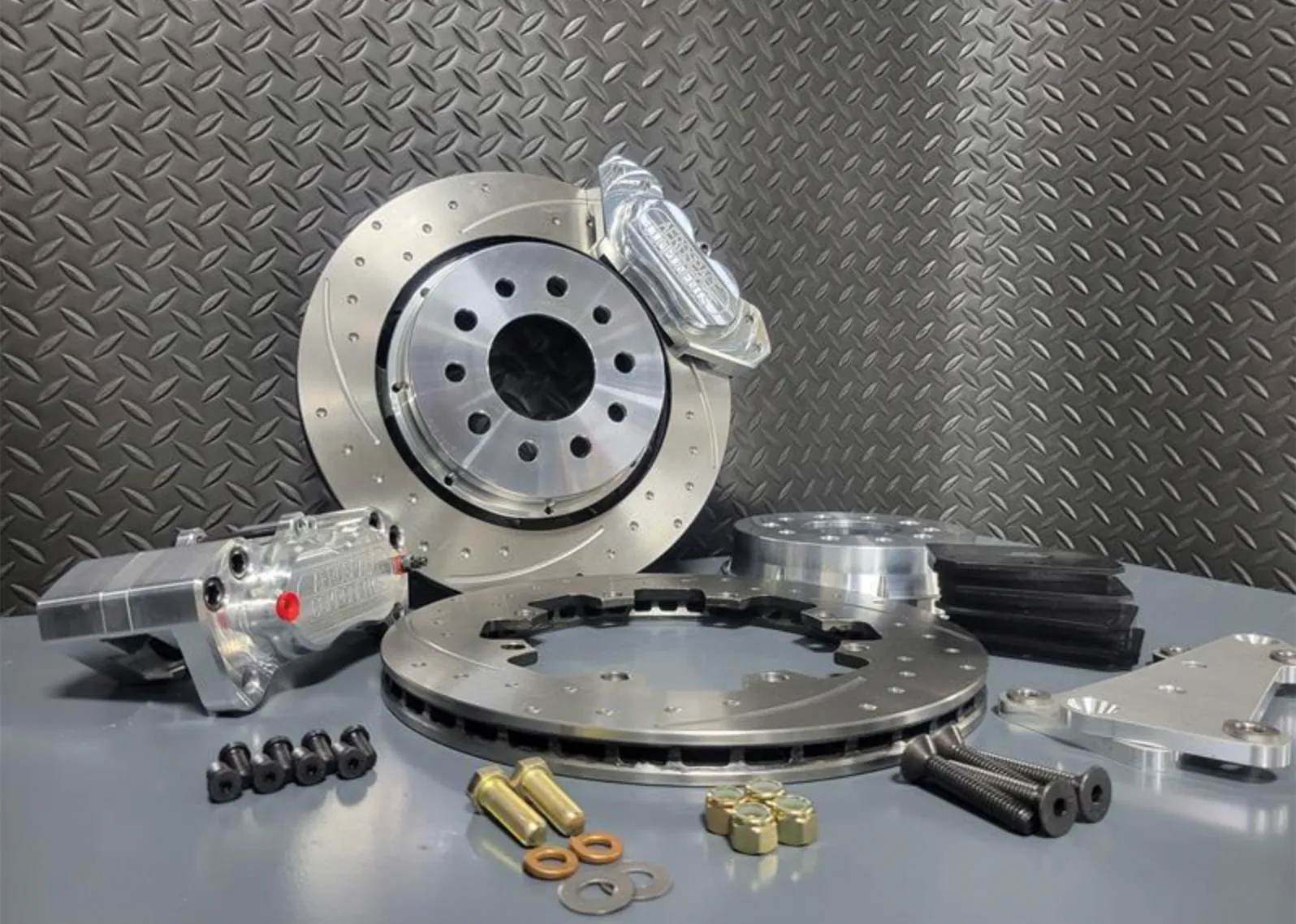 4 Piston Pro Street Front Dimpled, Slotted, Brake Kit 05-14 Mustang (Hat Style)