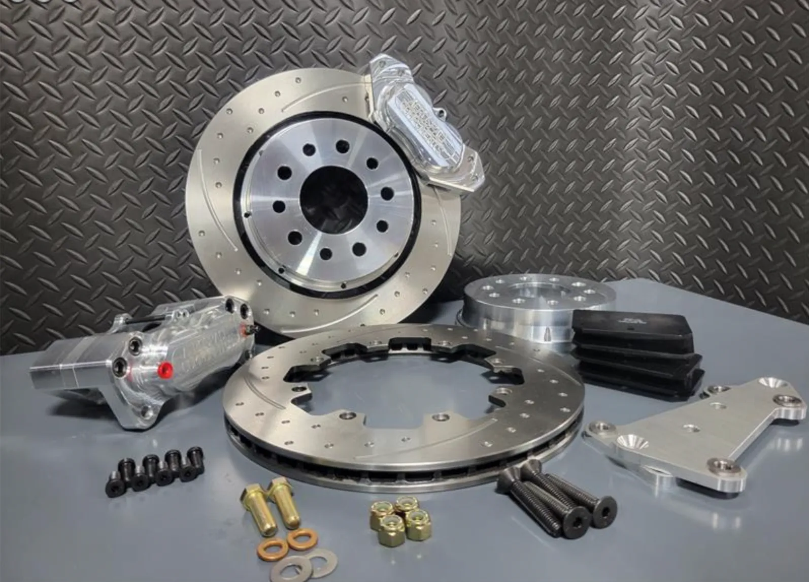4 Piston Pro Street Front Dimpled, Slotted, Brake Kit 05-14 Mustang (Hat Style)