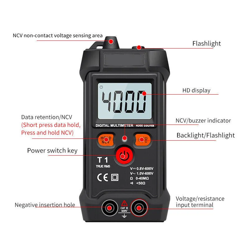 4000 Counts Pocket Smart Digital Multimeter With Flashlight Tester And Ncv