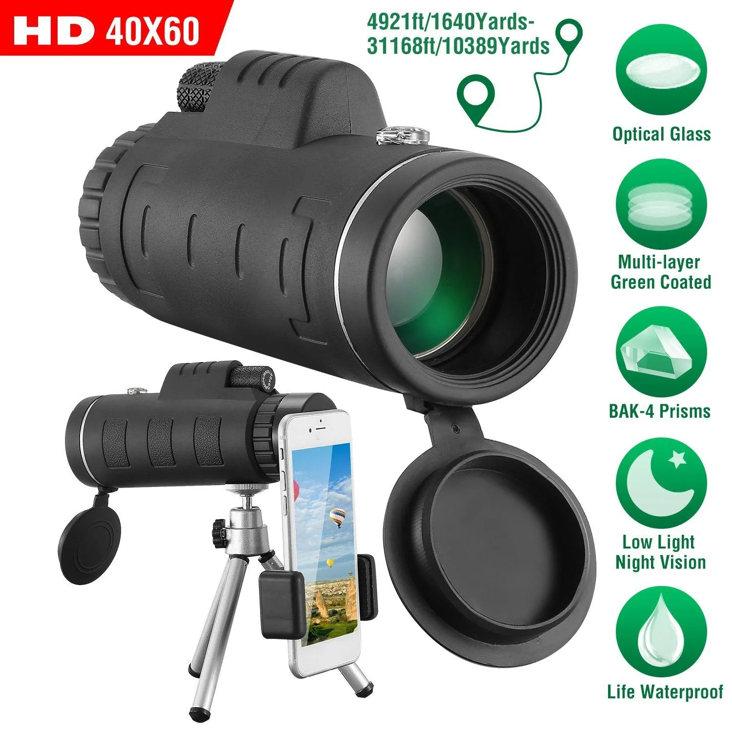 40x60 HD Optical Monocular Telescope with FMC Lens