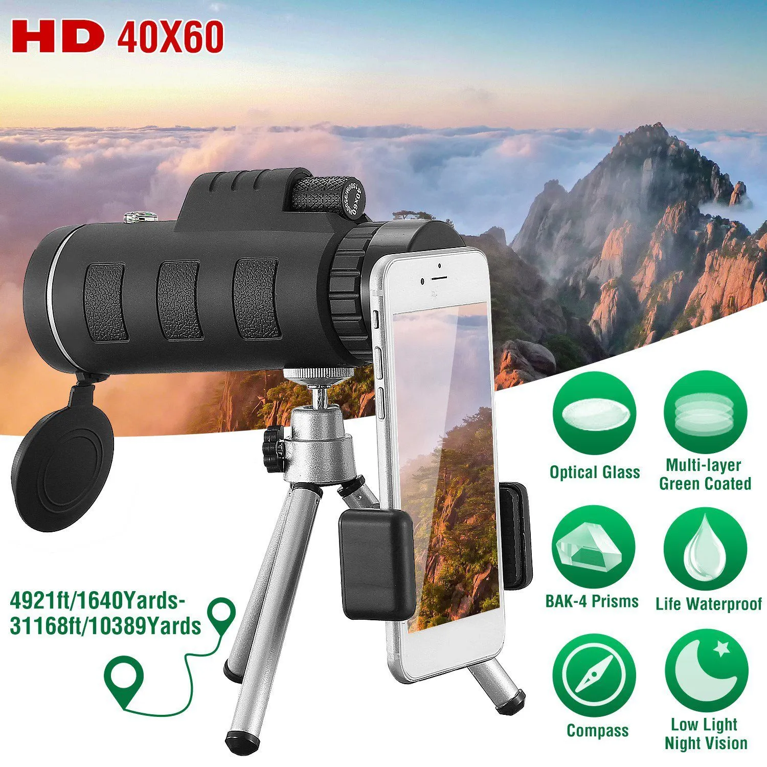 40x60 HD Optical Monocular Telescope with FMC Lens