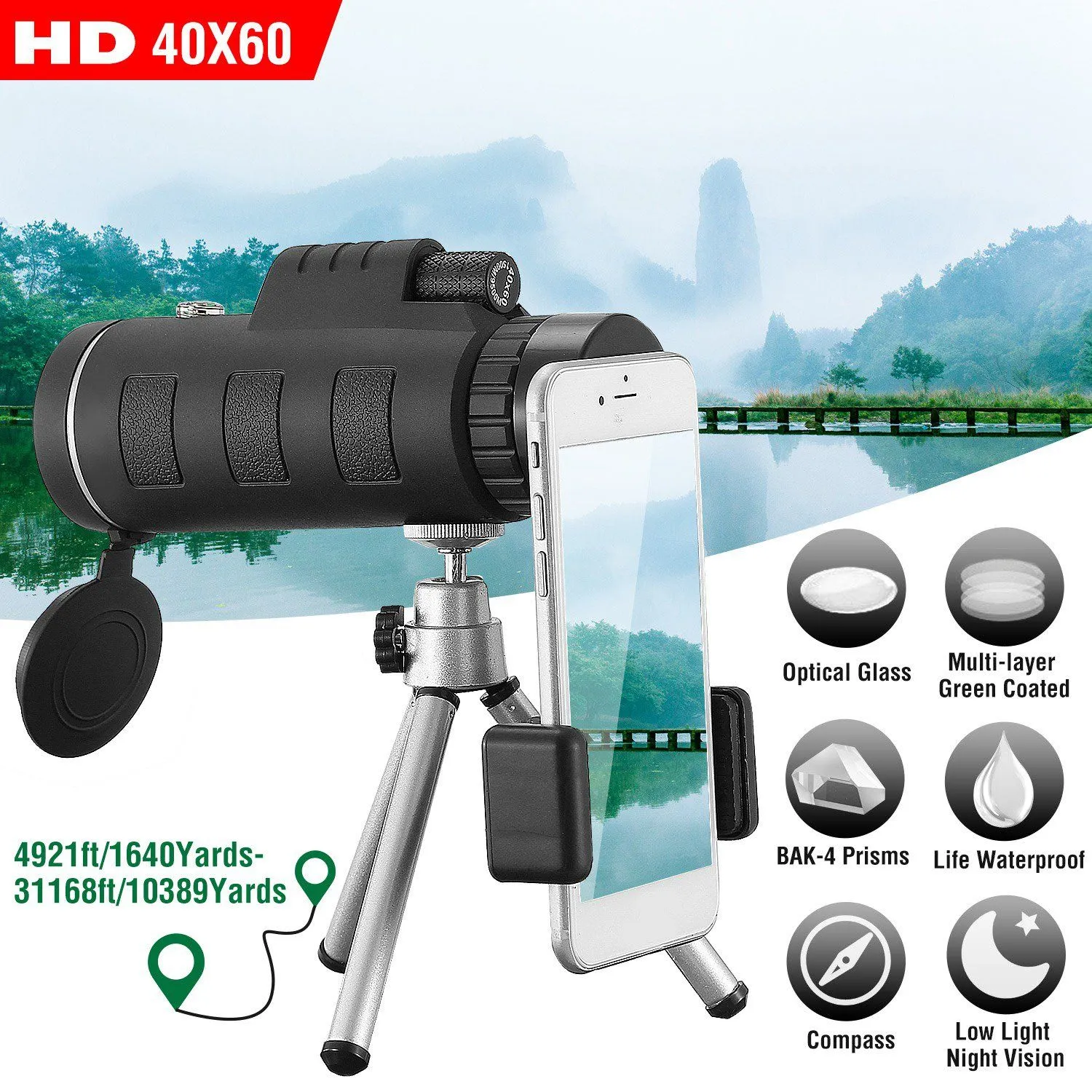 40x60 HD Optical Monocular Telescope with FMC Lens