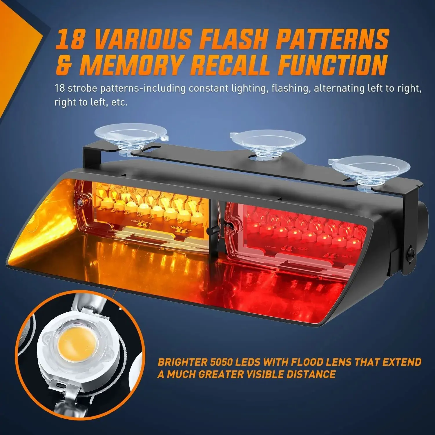 8 Inch 16 Leds Windshield Hazard Amber Red Strobe Light