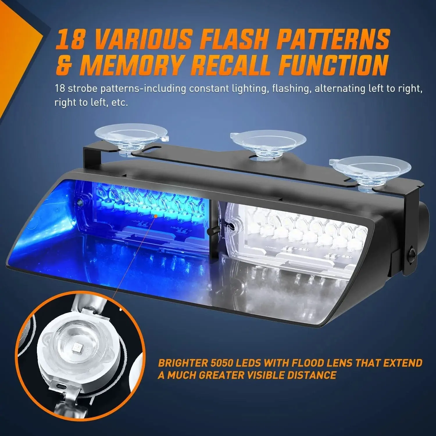 8 Inch 16 Leds Windshield Hazard Blue White Strobe Light