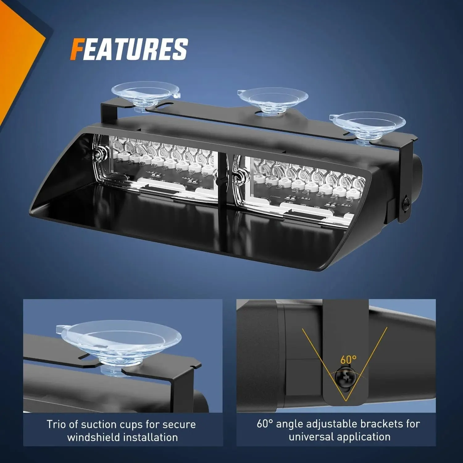 8 Inch 16 Leds Windshield Hazard Blue White Strobe Light
