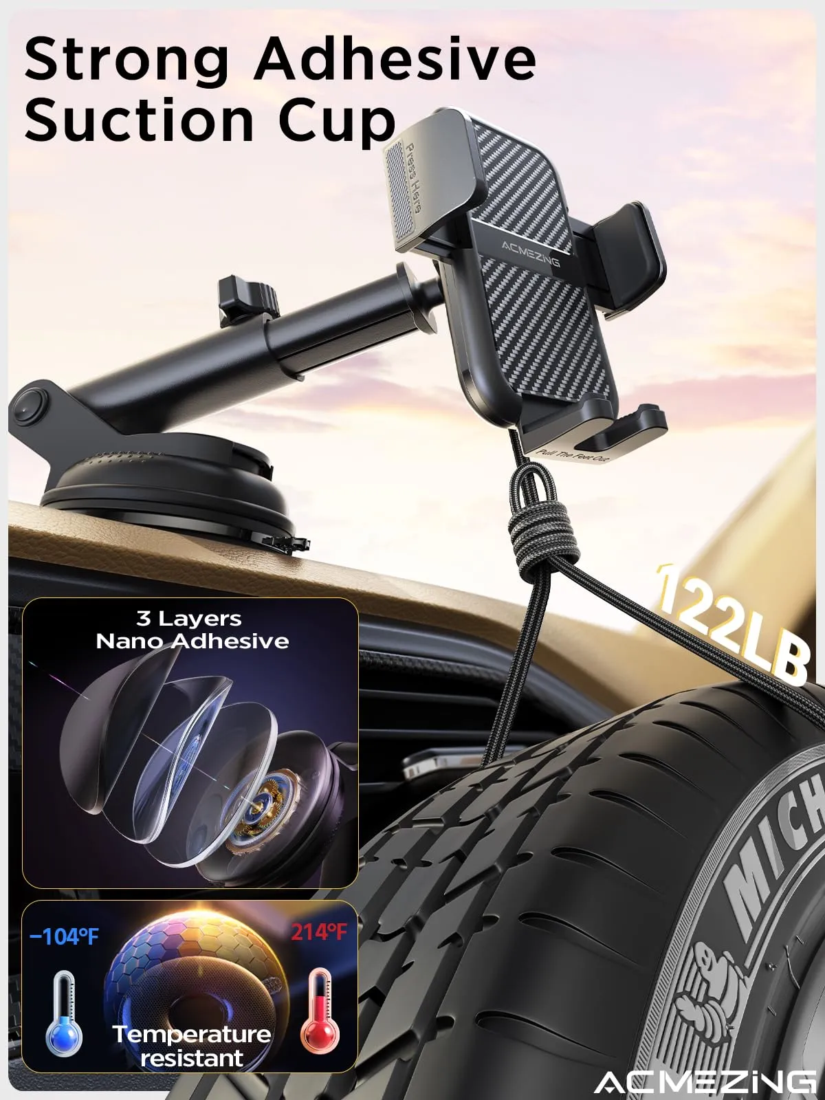 ACMEZING 3-in-1 Car Phone Holder Mount [Extreme Terrain Stability] Dashboard Windshield Air Vent [Double Metal Hook] Cell Phone Holders for Your Car for iPhone Samsung All Smartphones & All Car Model