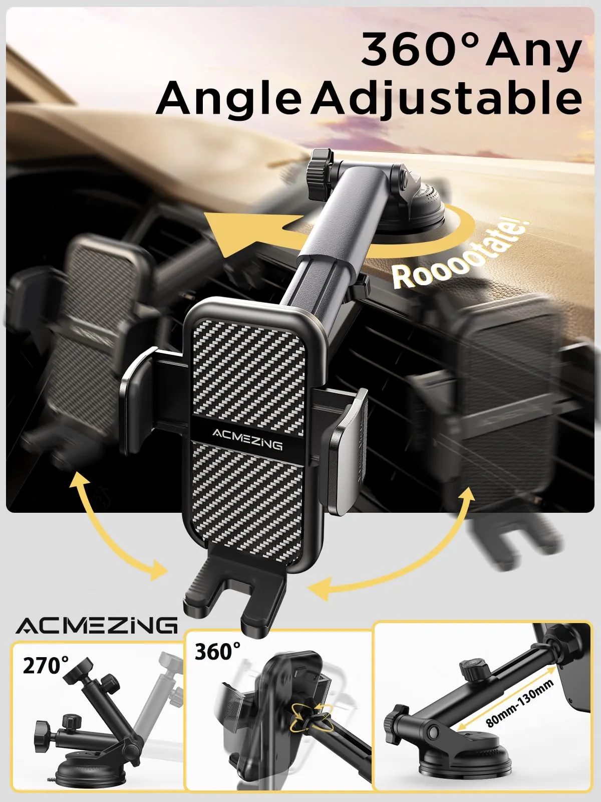 ACMEZING 3-in-1 Car Phone Holder Mount [Extreme Terrain Stability] Dashboard Windshield Air Vent [Double Metal Hook] Cell Phone Holders for Your Car for iPhone Samsung All Smartphones & All Car Model