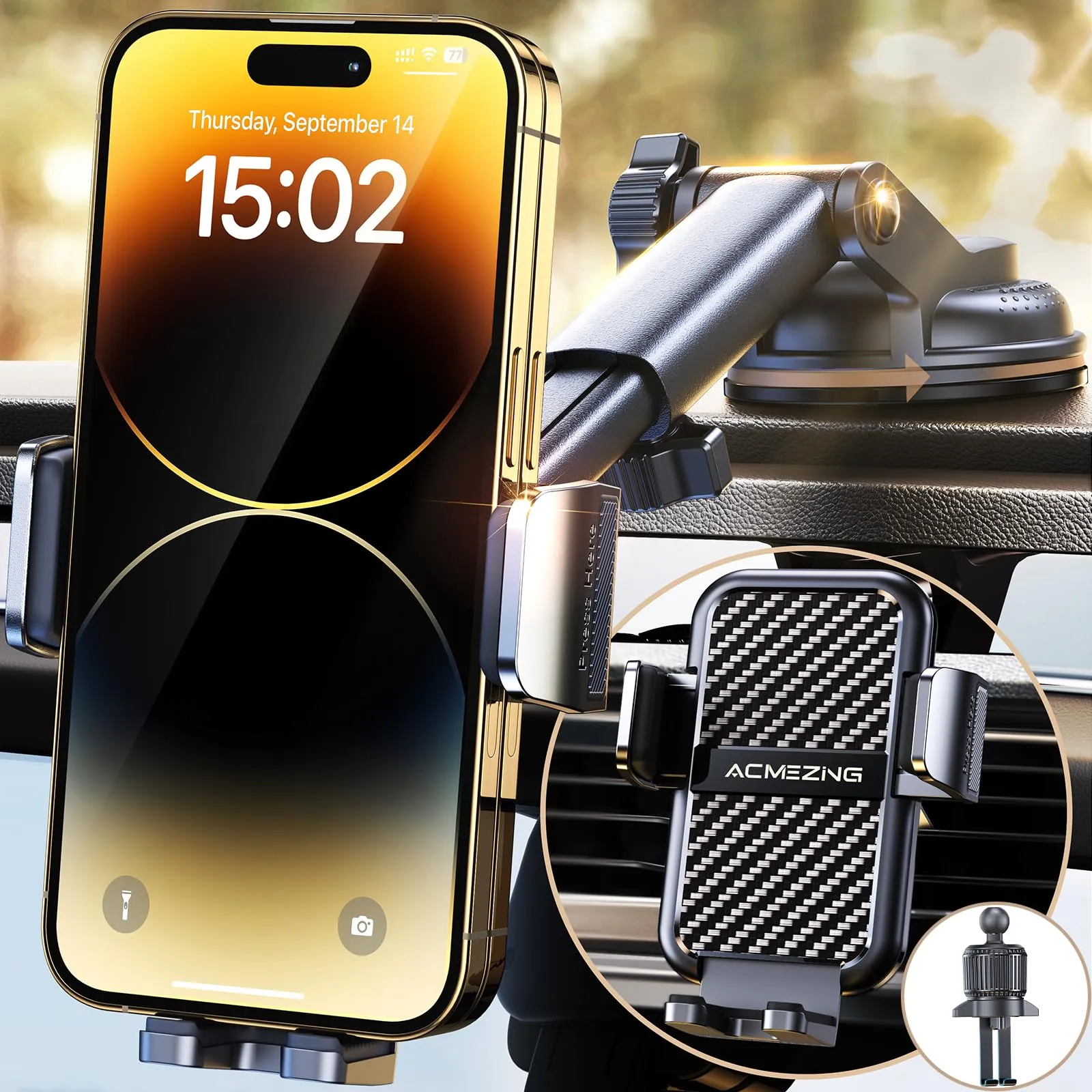 ACMEZING 3-in-1 Car Phone Holder Mount [Extreme Terrain Stability] Dashboard Windshield Air Vent [Double Metal Hook] Cell Phone Holders for Your Car for iPhone Samsung All Smartphones & All Car Model