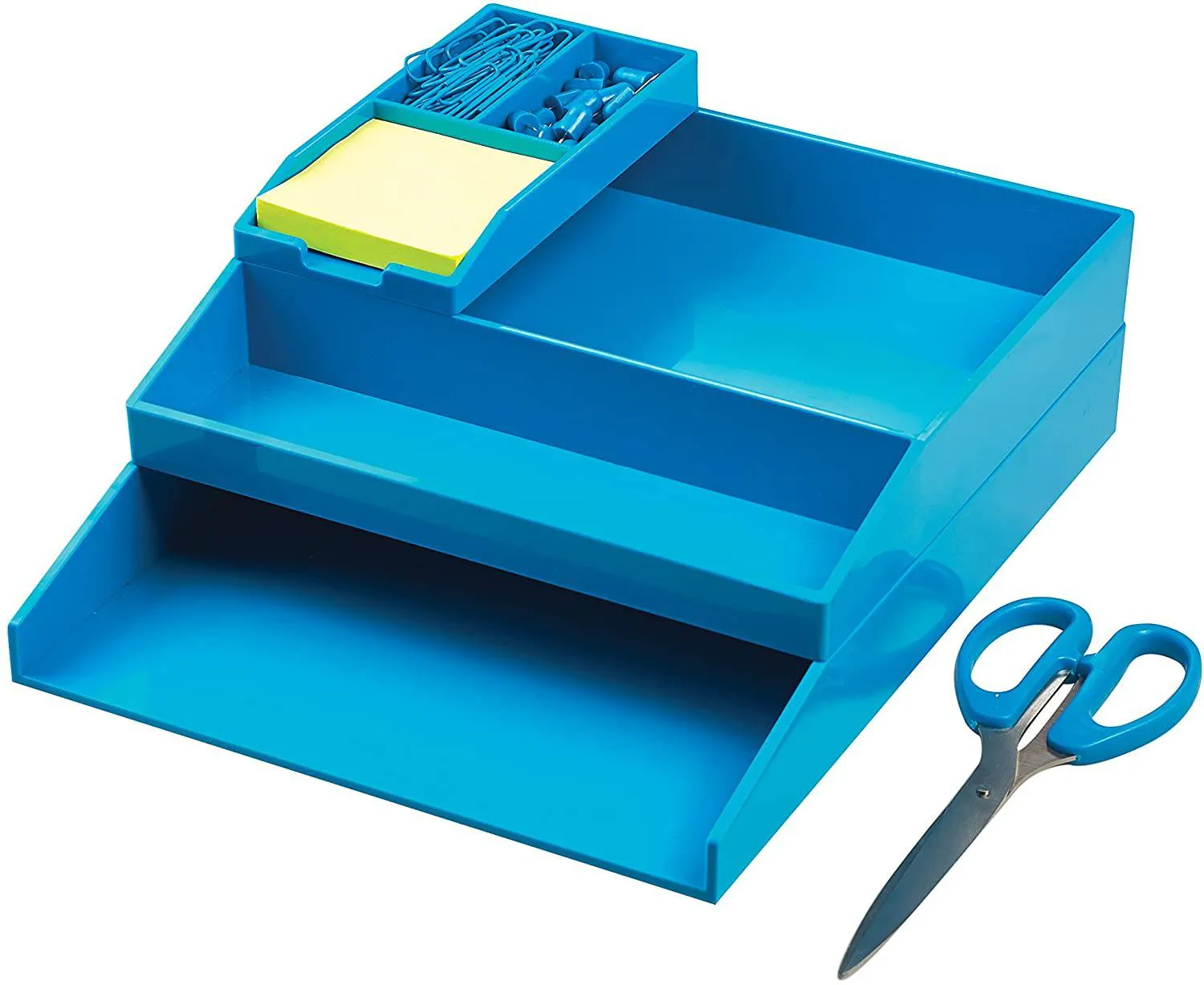 All in One Office Desk Organizer 3 Trays Scissors Sticky Notes 260x55x320 Blue