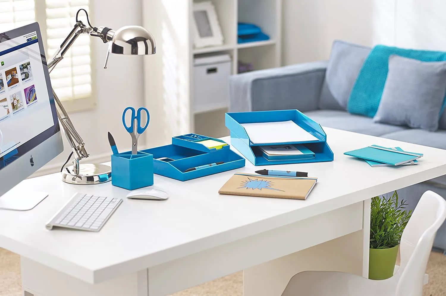 All in One Office Desk Organizer 3 Trays Scissors Sticky Notes 260x55x320 Blue