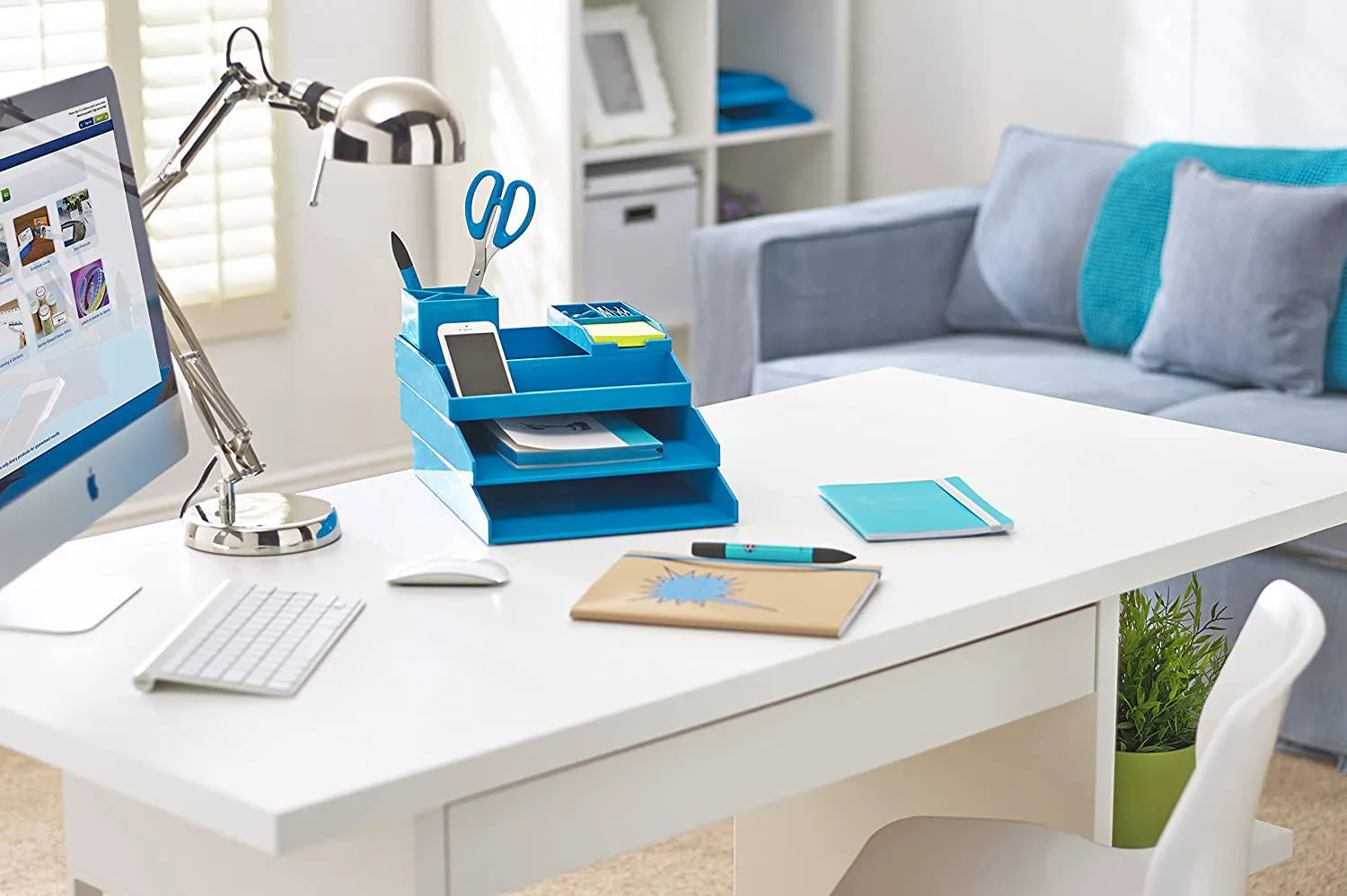 All in One Office Desk Organizer 3 Trays Scissors Sticky Notes 260x55x320 Blue