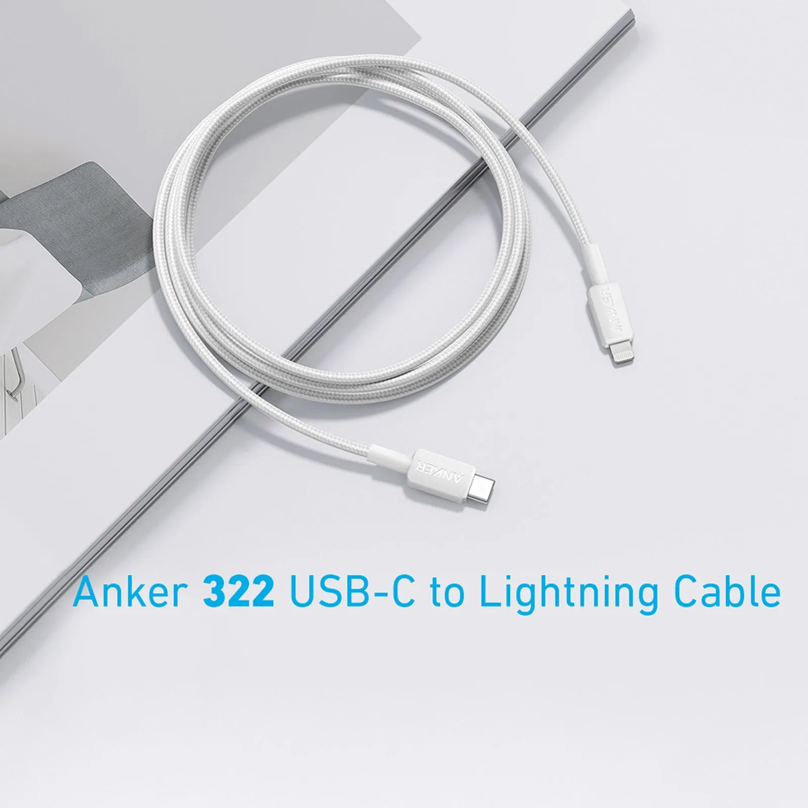 Anker 322 Braided USB-C To Lightning 3' Cable - White