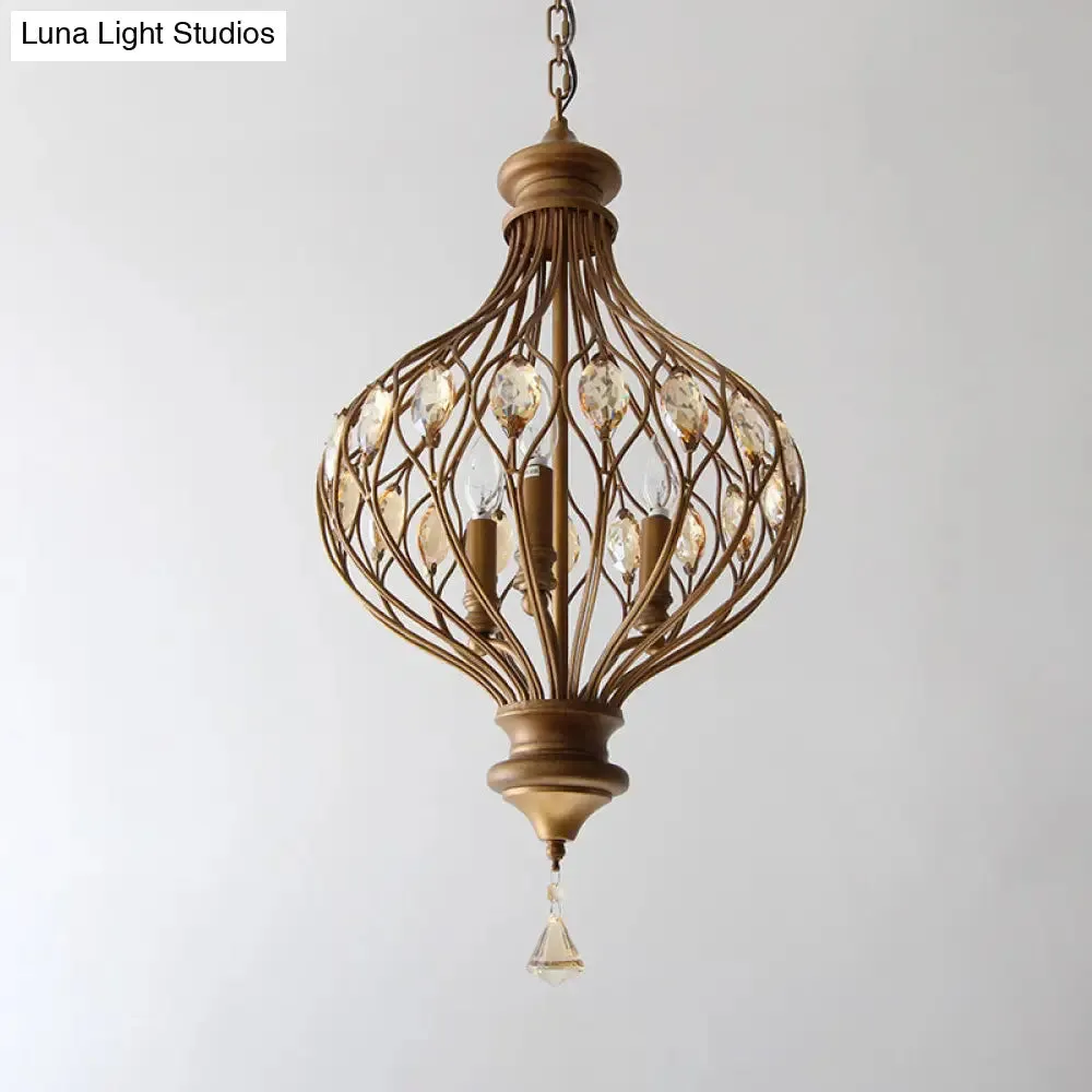 Beveled Glass Crystal Lantern Chandelier - Contemporary 3-Light Pendant Light in Bronze for Living Room