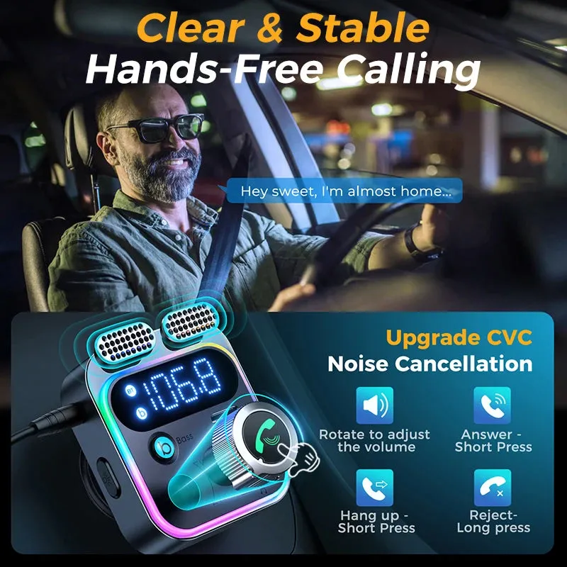 Bluetooth 5.3 FM Transmitter for Car with Dual Mics - Deep Bass Sound/48W PD & QC3.0 Charger