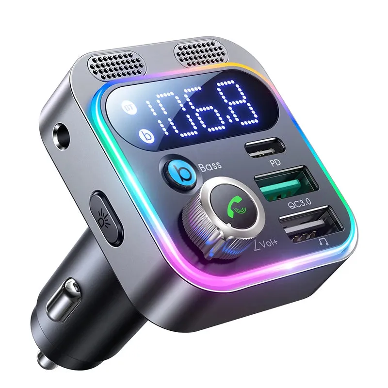 Bluetooth 5.3 FM Transmitter for Car with Dual Mics - Deep Bass Sound/48W PD & QC3.0 Charger