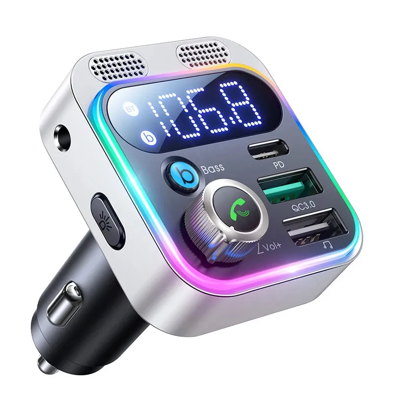 Bluetooth 5.3 FM Transmitter for Car with Dual Mics - Deep Bass Sound/48W PD & QC3.0 Charger