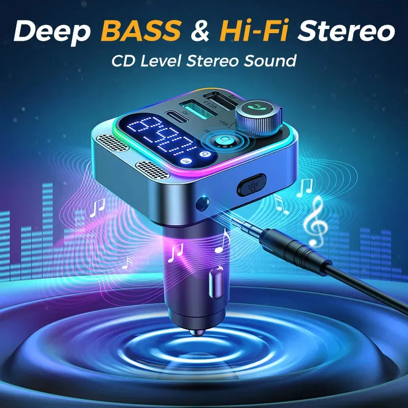 Bluetooth 5.3 FM Transmitter for Car with Dual Mics - Deep Bass Sound/48W PD & QC3.0 Charger