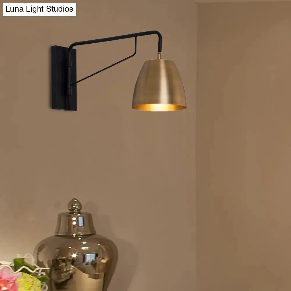 Brass Loft Style Wall Sconce with Metallic Barrel Shade - 1 Light Angle Arm Lighting for Bedroom