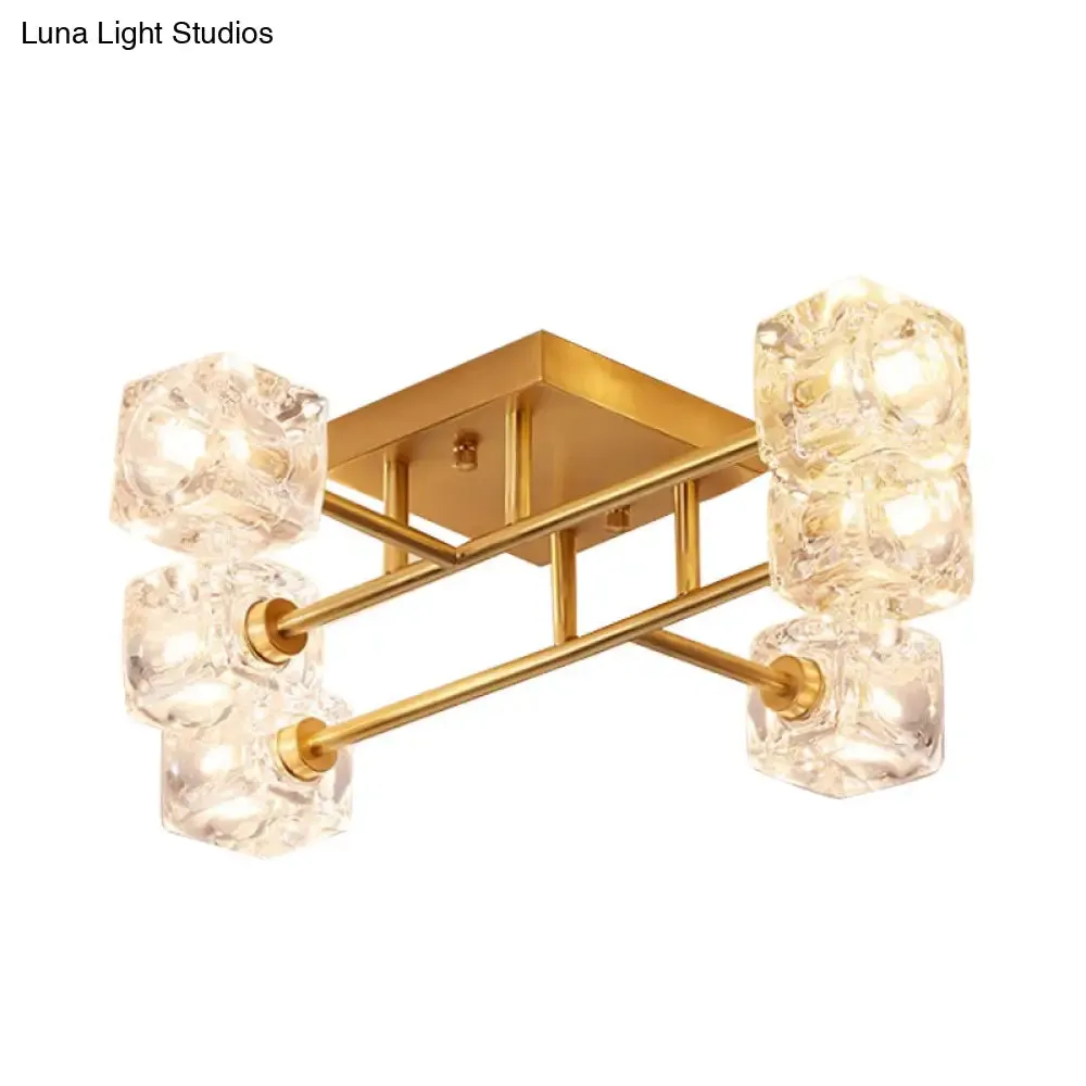 Brass Semi Flush Crystal Bedroom Ceiling Light - Contemporary Square Design, 4/6 Light Fixture