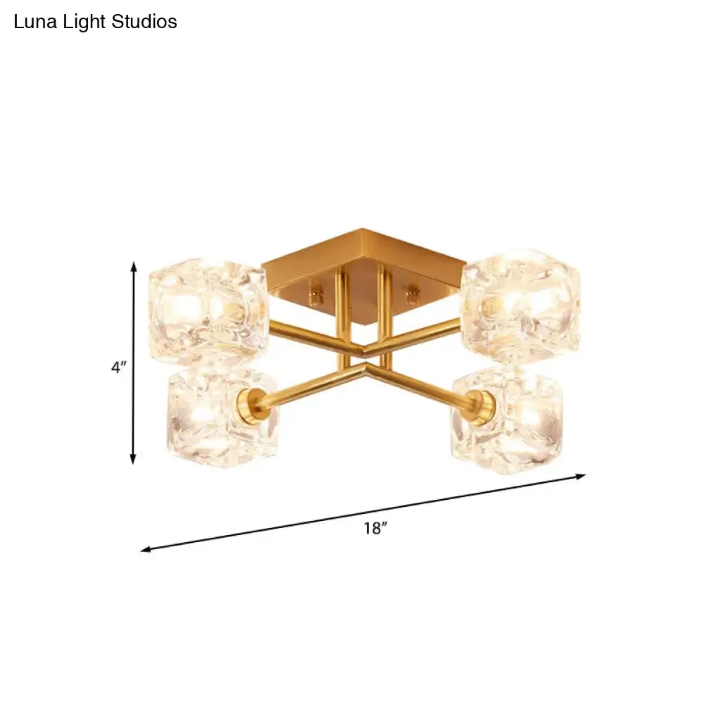 Brass Semi Flush Crystal Bedroom Ceiling Light - Contemporary Square Design, 4/6 Light Fixture
