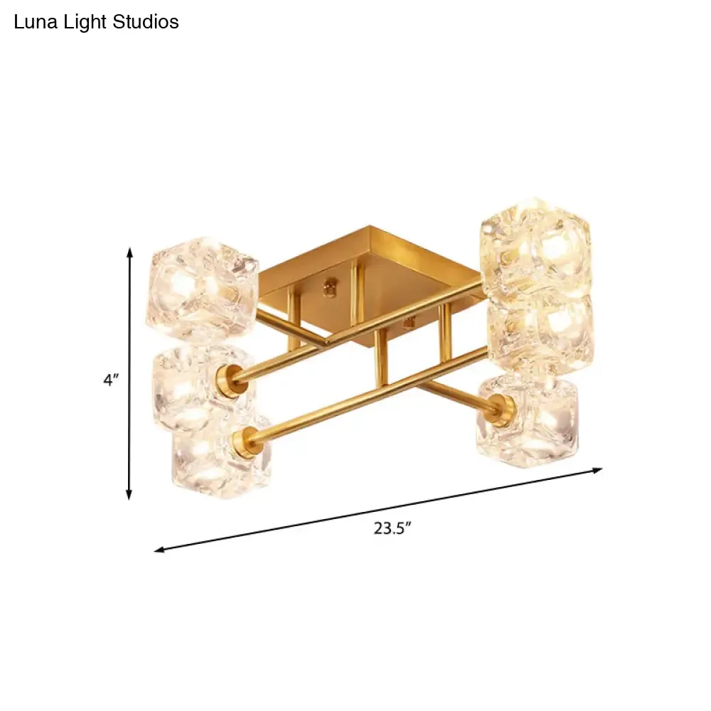 Brass Semi Flush Crystal Bedroom Ceiling Light - Contemporary Square Design, 4/6 Light Fixture