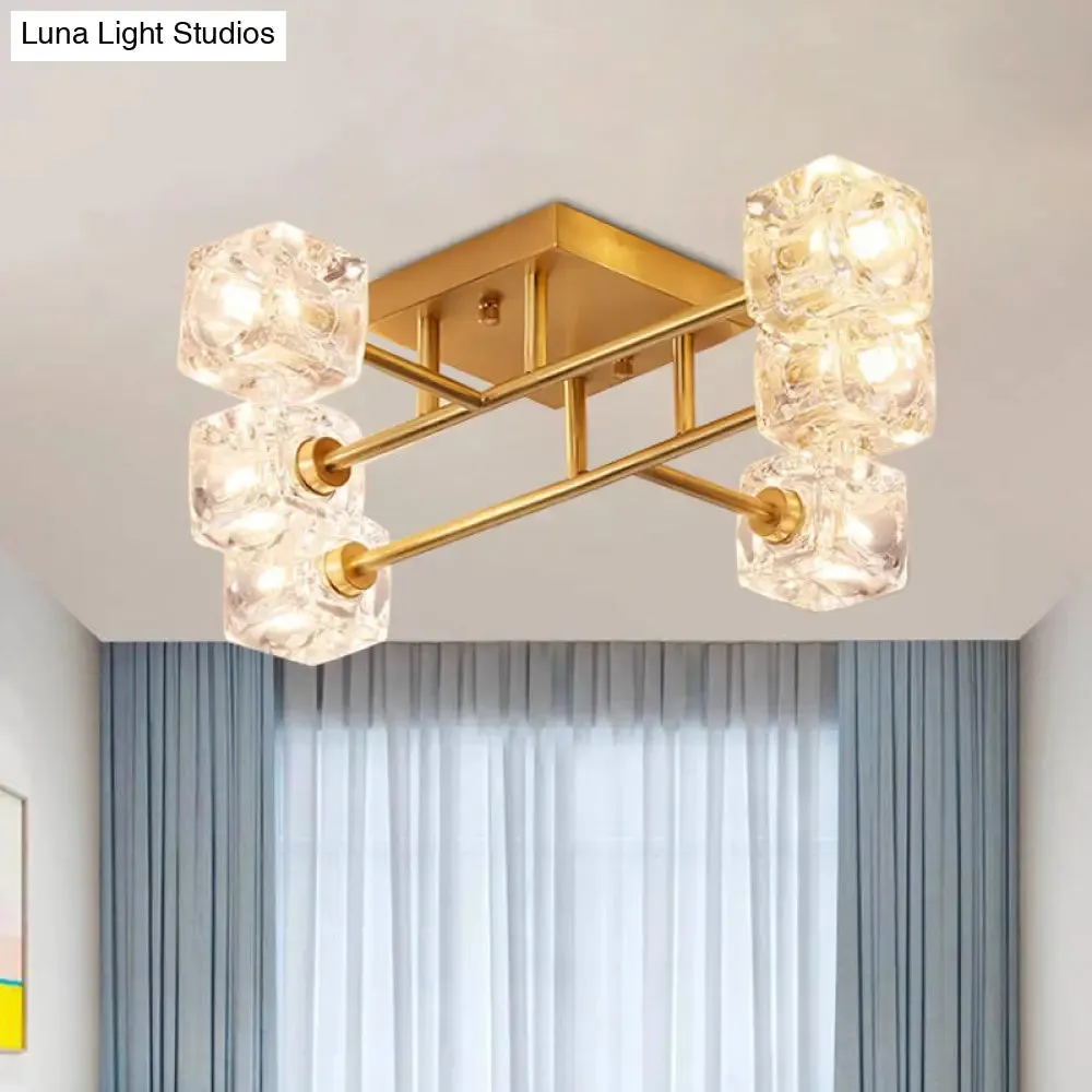 Brass Semi Flush Crystal Bedroom Ceiling Light - Contemporary Square Design, 4/6 Light Fixture