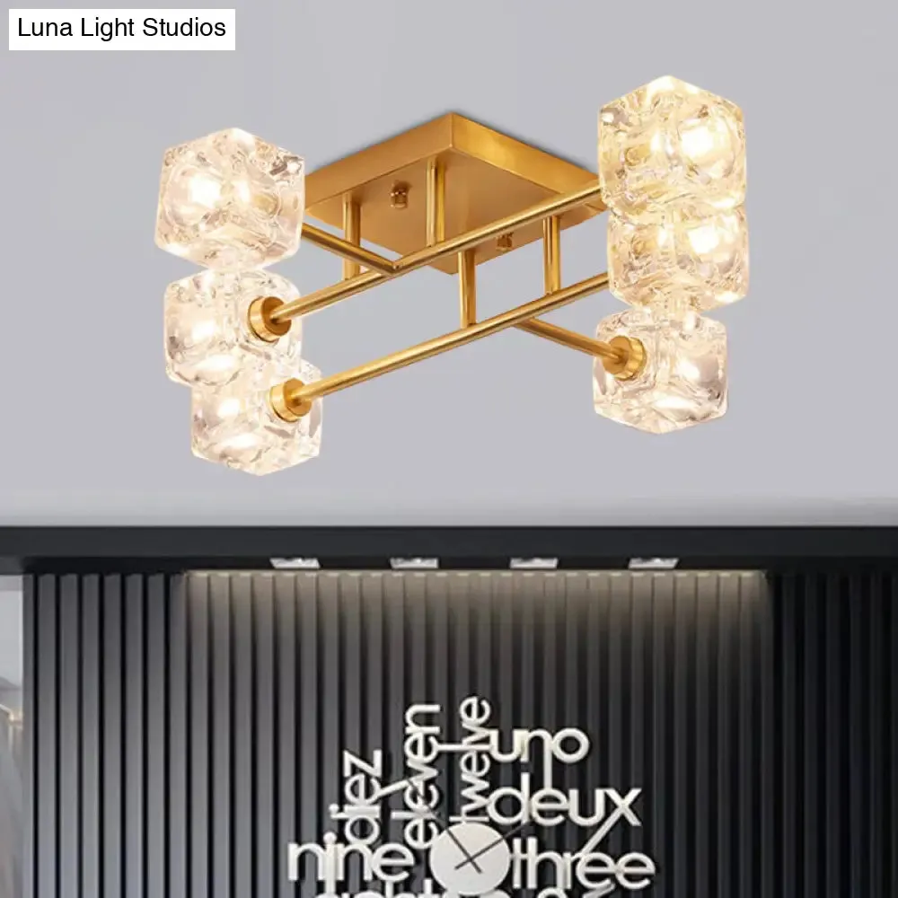 Brass Semi Flush Crystal Bedroom Ceiling Light - Contemporary Square Design, 4/6 Light Fixture
