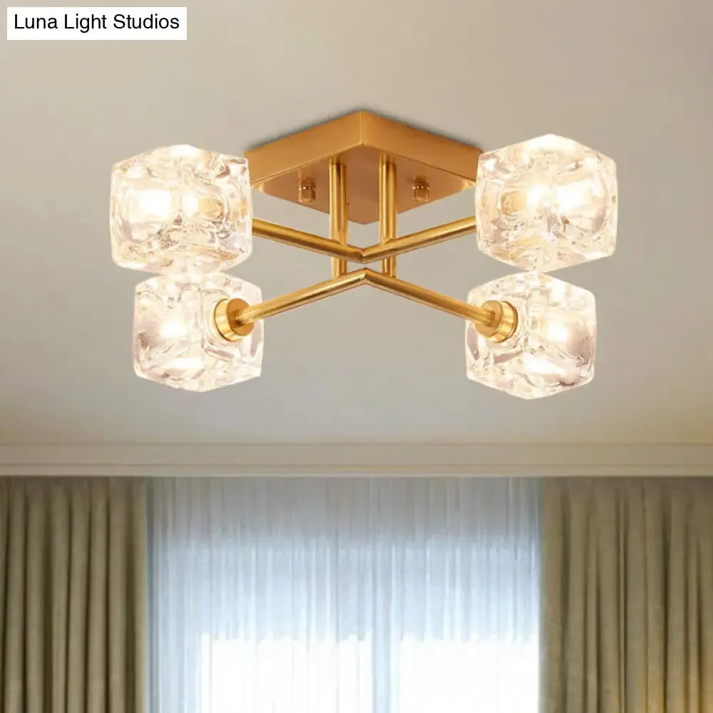 Brass Semi Flush Crystal Bedroom Ceiling Light - Contemporary Square Design, 4/6 Light Fixture