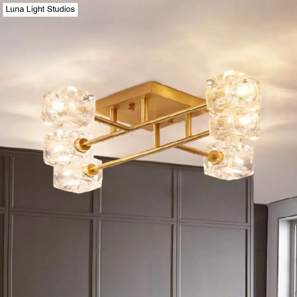 Brass Semi Flush Crystal Bedroom Ceiling Light - Contemporary Square Design, 4/6 Light Fixture