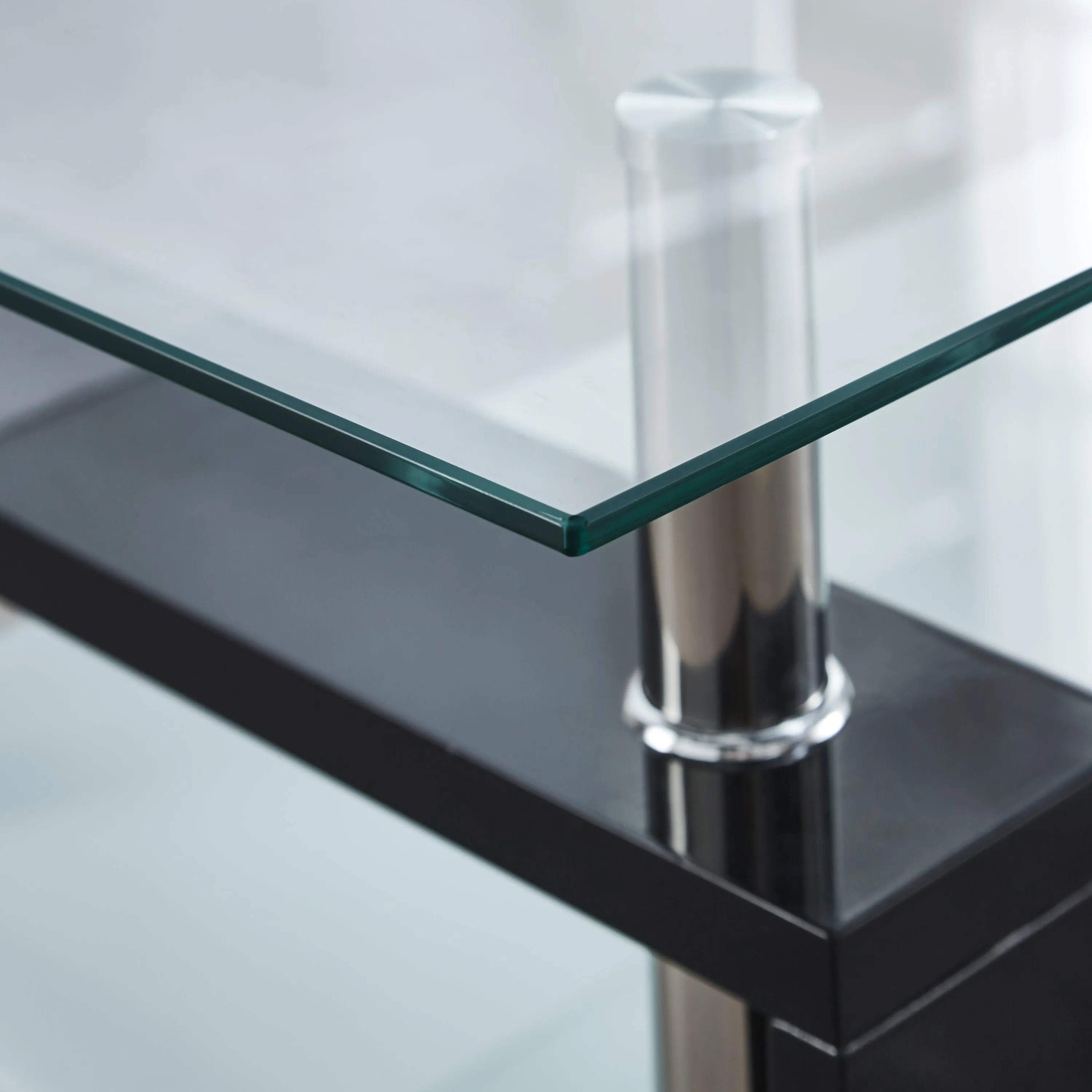 Center Coffee Table, 37"L x 22"D x 16"H, Tempered Glass Top with Stainless Steel Legs, Black