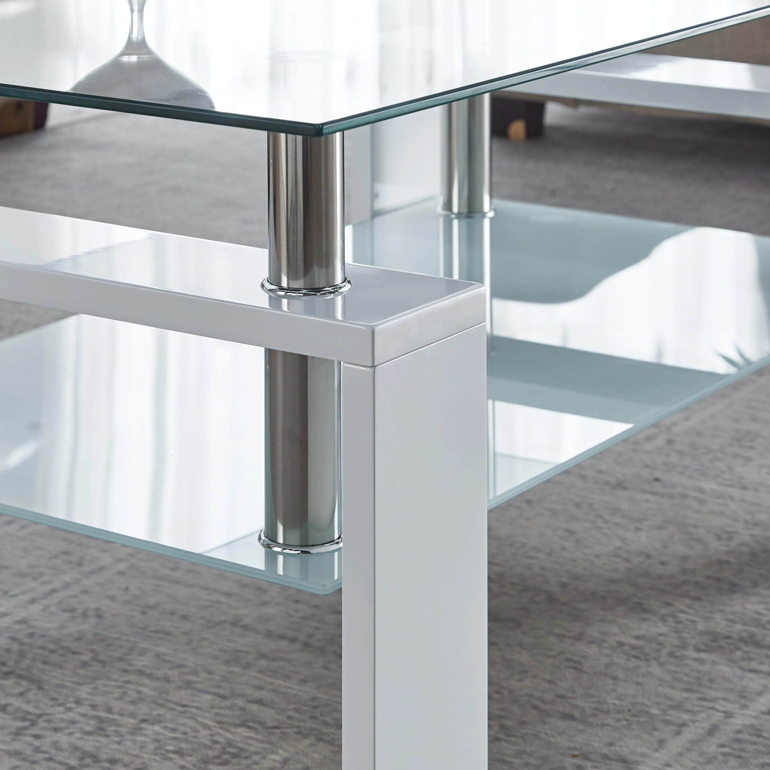 Center Coffee Table, 37"L x 22"D x 16"H, Tempered Glass Top with Stainless Steel Legs, Black