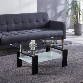 Center Coffee Table, 37"L x 22"D x 16"H, Tempered Glass Top with Stainless Steel Legs, Black