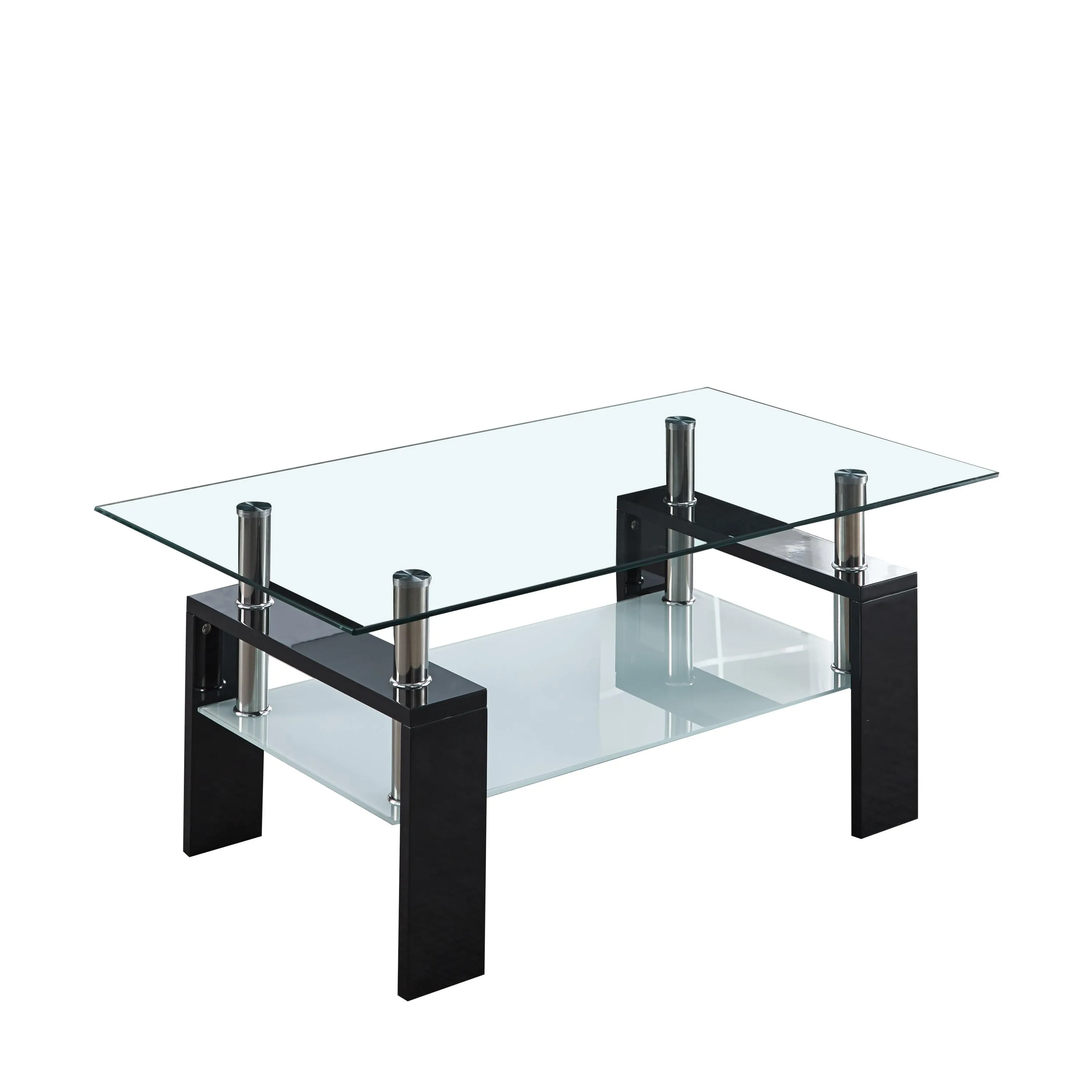 Center Coffee Table, 37"L x 22"D x 16"H, Tempered Glass Top with Stainless Steel Legs, Black