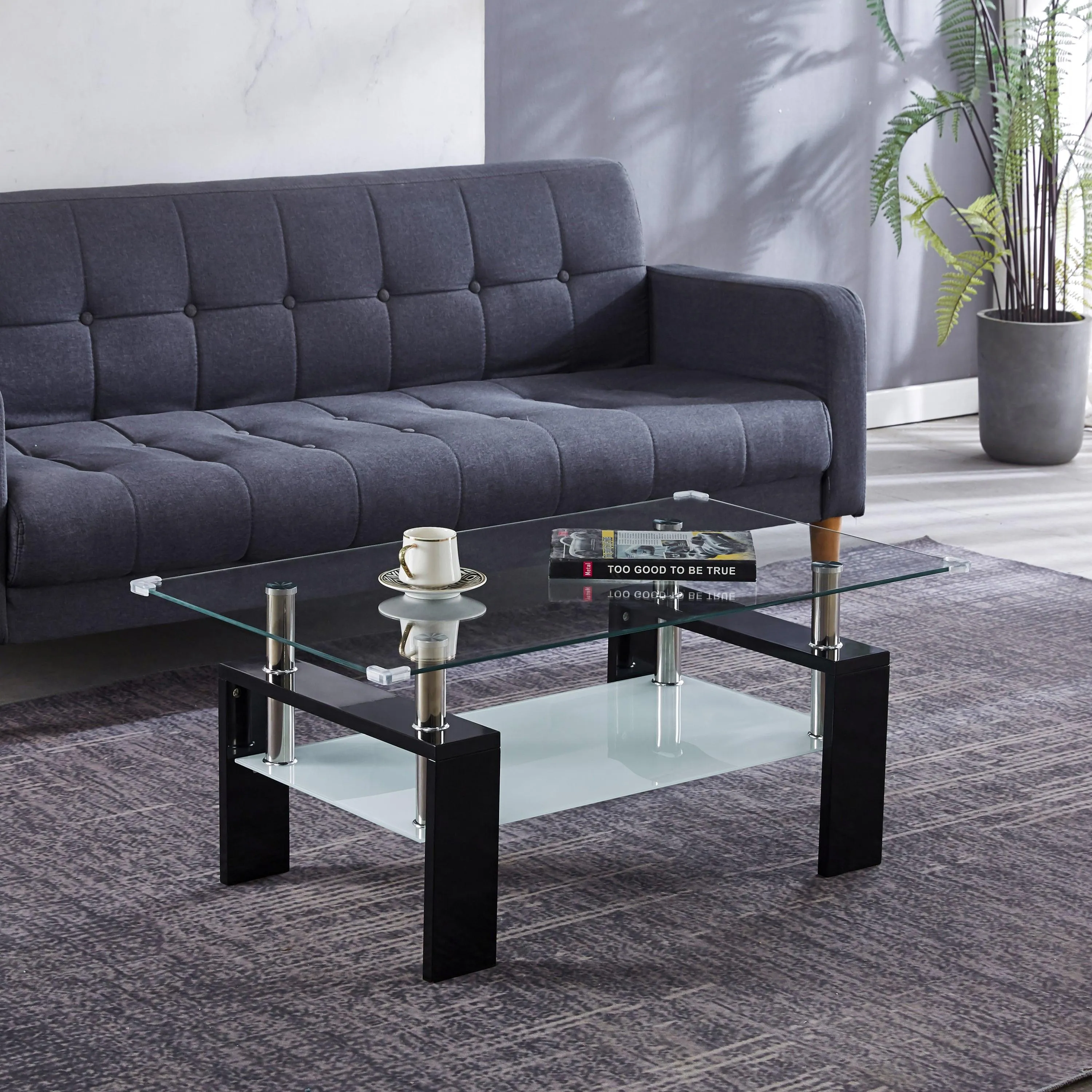 Center Coffee Table, 37"L x 22"D x 16"H, Tempered Glass Top with Stainless Steel Legs, Black