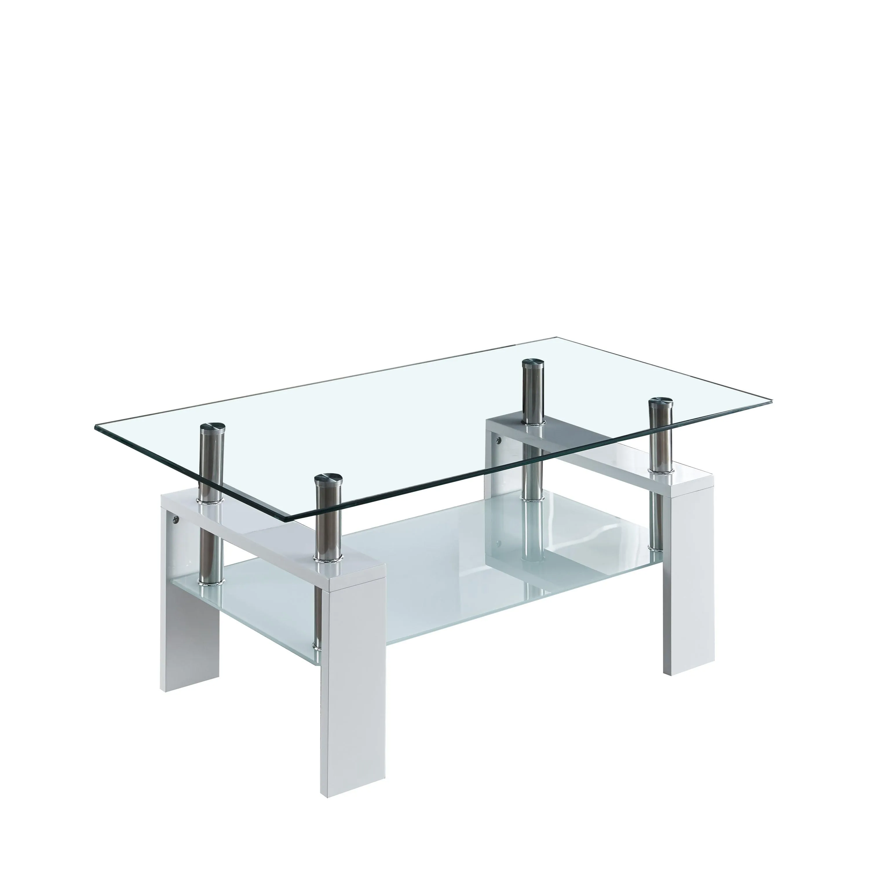 Center Coffee Table, 37"L x 22"D x 16"H, Tempered Glass Top with Stainless Steel Legs, Black