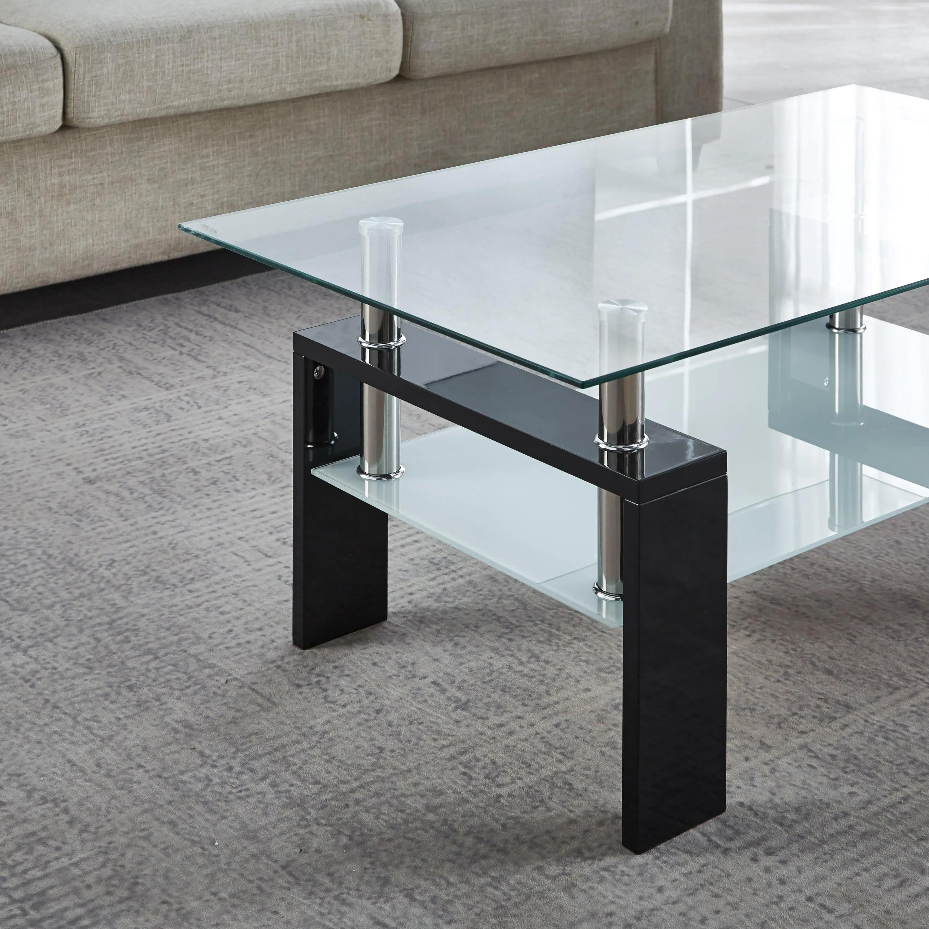 Center Coffee Table, 37"L x 22"D x 16"H, Tempered Glass Top with Stainless Steel Legs, Black