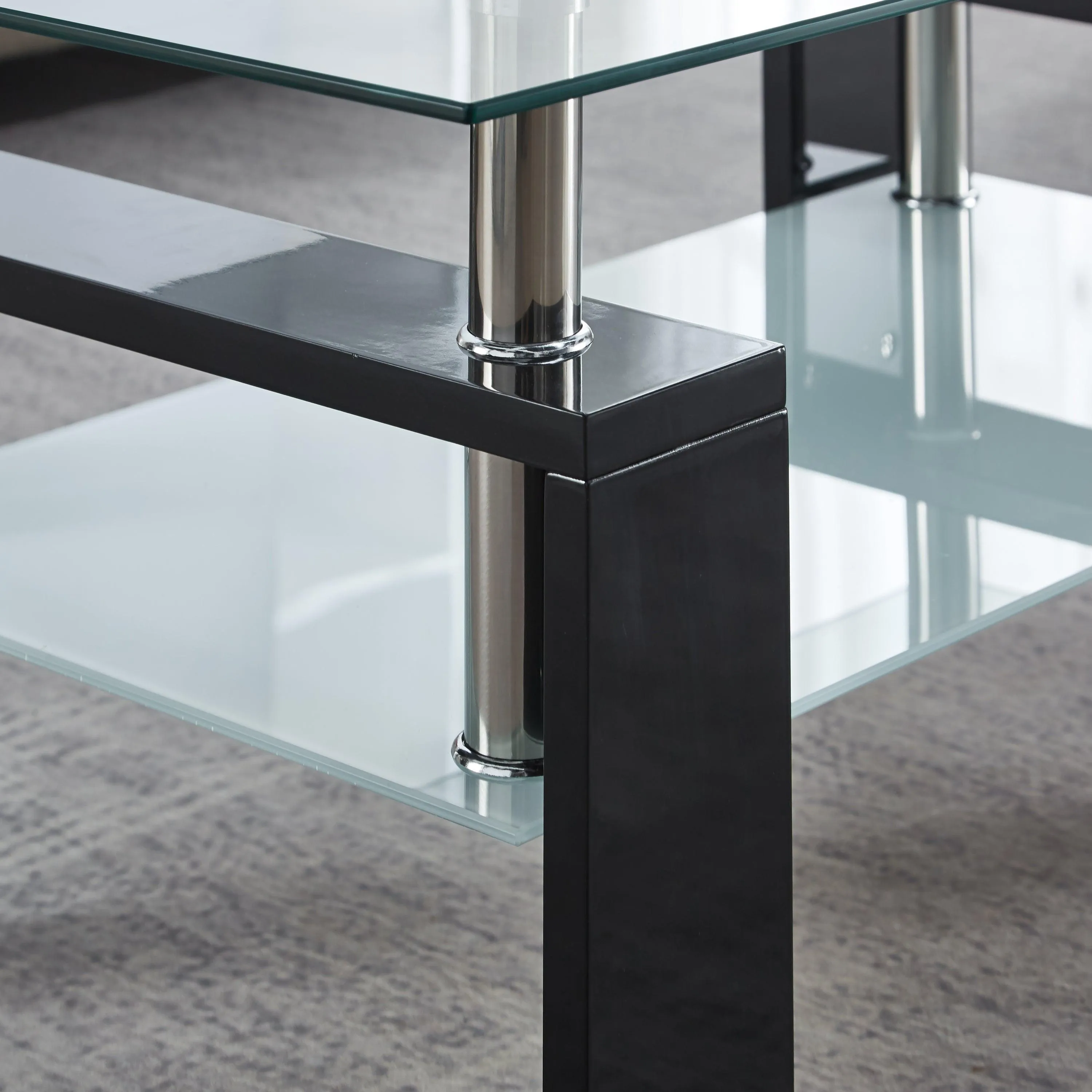 Center Coffee Table, 37"L x 22"D x 16"H, Tempered Glass Top with Stainless Steel Legs, Black