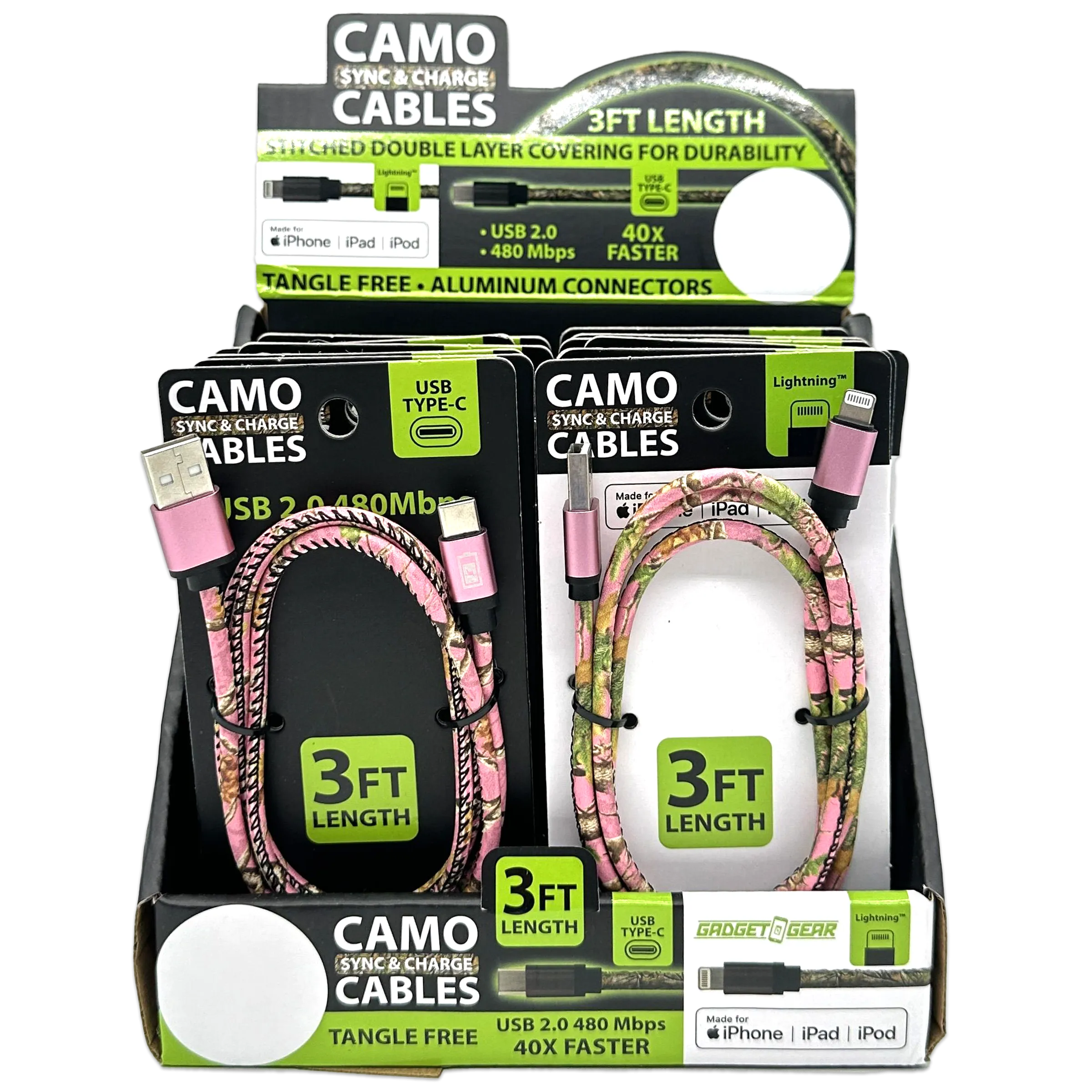 Charging Cable Camo Assortment 3FT - 12 Pieces Per Retail Ready Display 88457