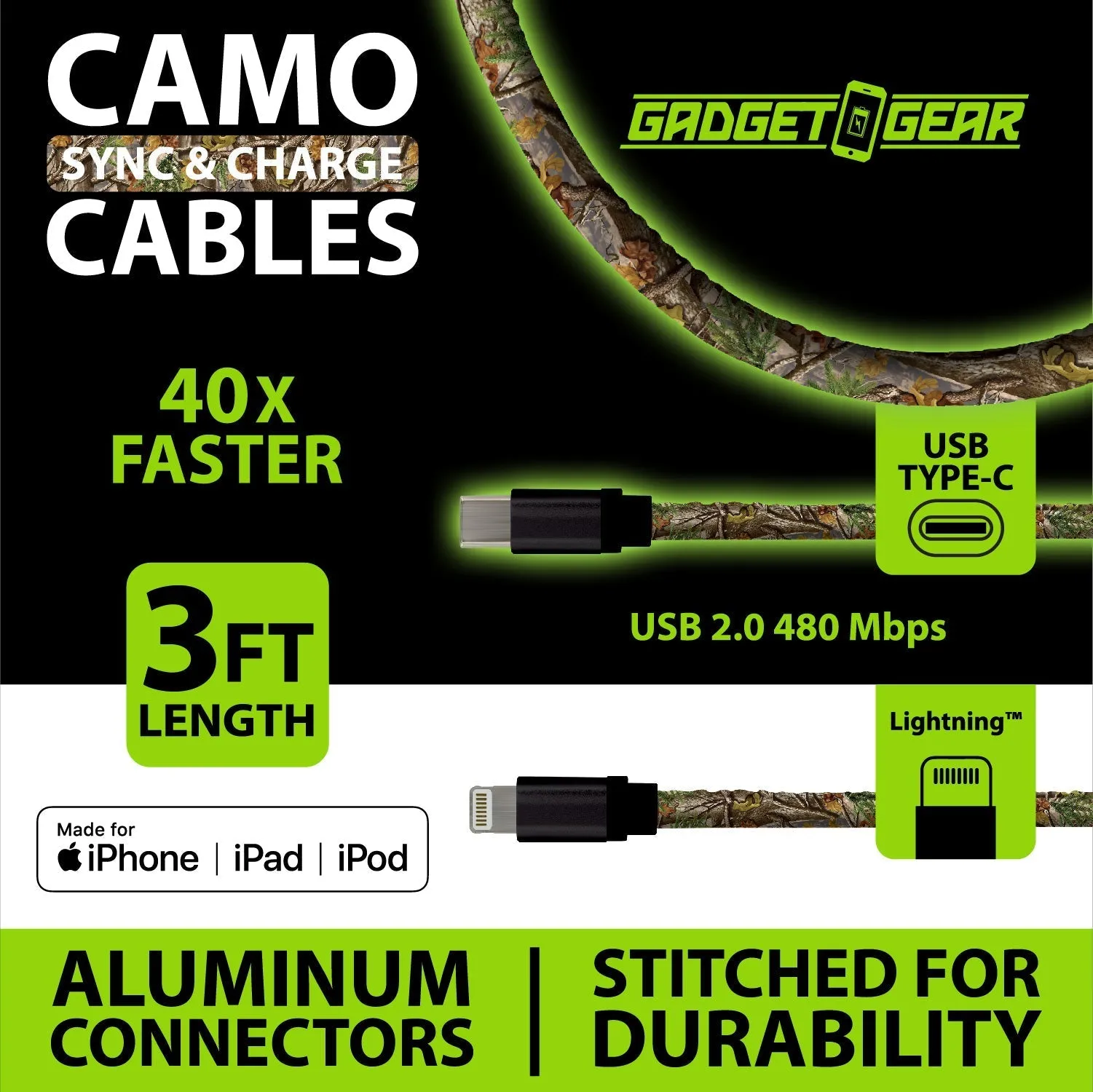 Charging Cable Camo Assortment 3FT - 12 Pieces Per Retail Ready Display 88457